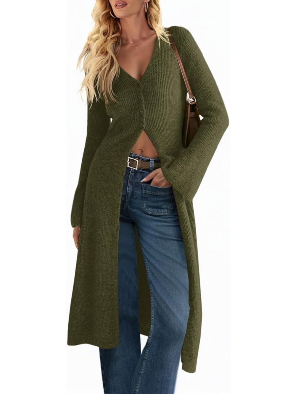Chic Women's Long Button Down Cardigan Sweater Dress - Cozy Knit Midi Style